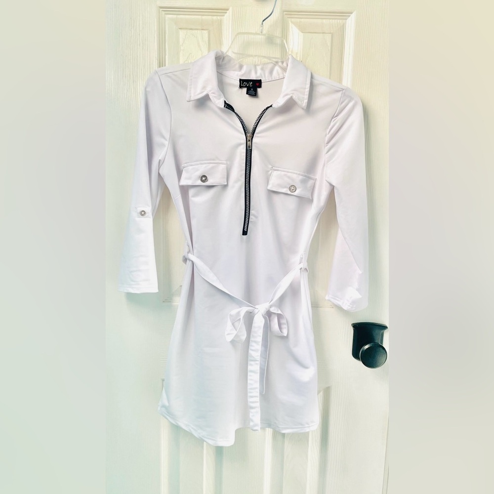 White Zip-Front Tie-Waist Women's Dress Top